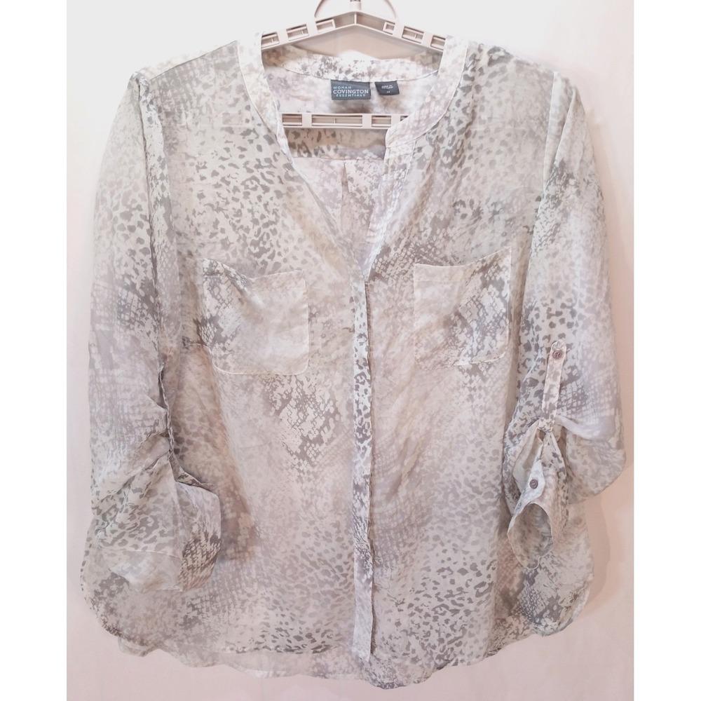Covington Essentials Women's Sheer Animal Snake Print Blouse Top, 2X, Gray White